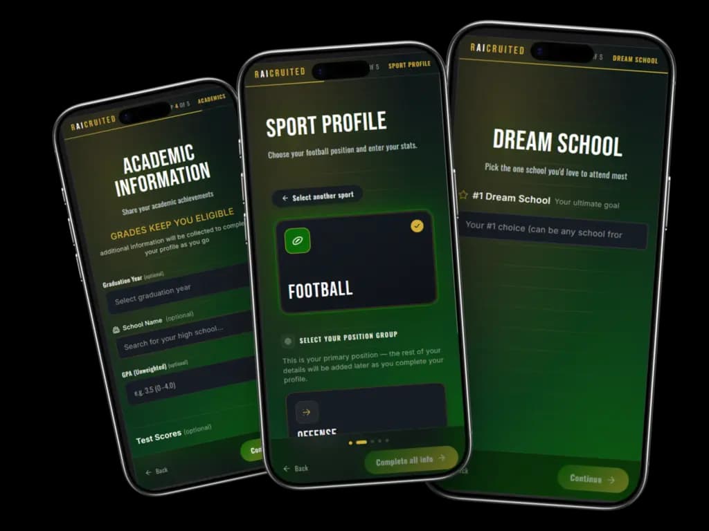 rAIcruited app screens - academic info, football sport profile, and dream school